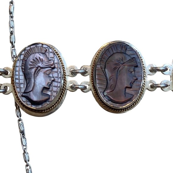 Victorian 800 Silver Necklace & Bracelet Set With Mother Of Pearl Cameos - Picture 14 of 16